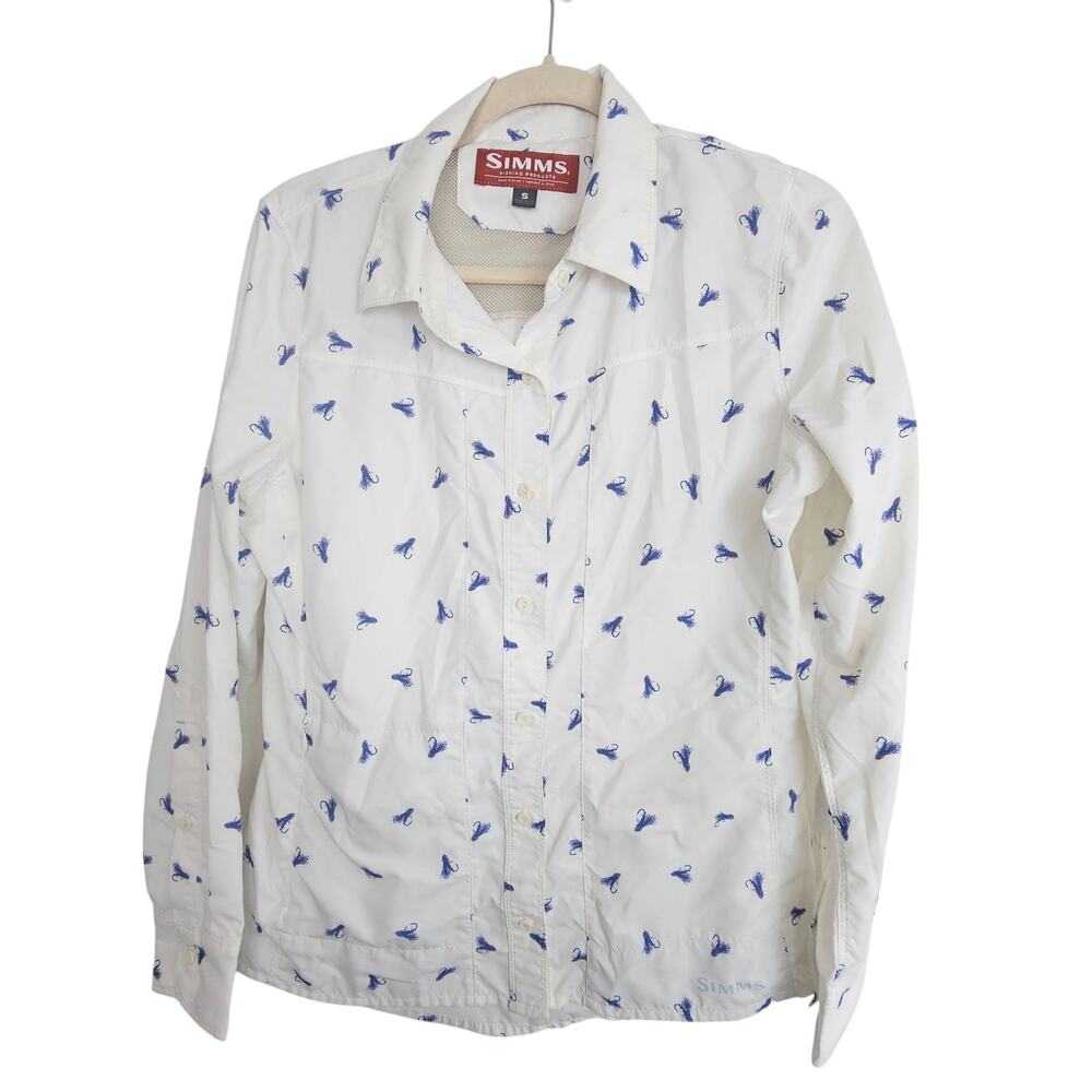 Simms Womens Vented Isle Fishing Shirt Sz S White Fly All Over Gorpcore Outdoor
